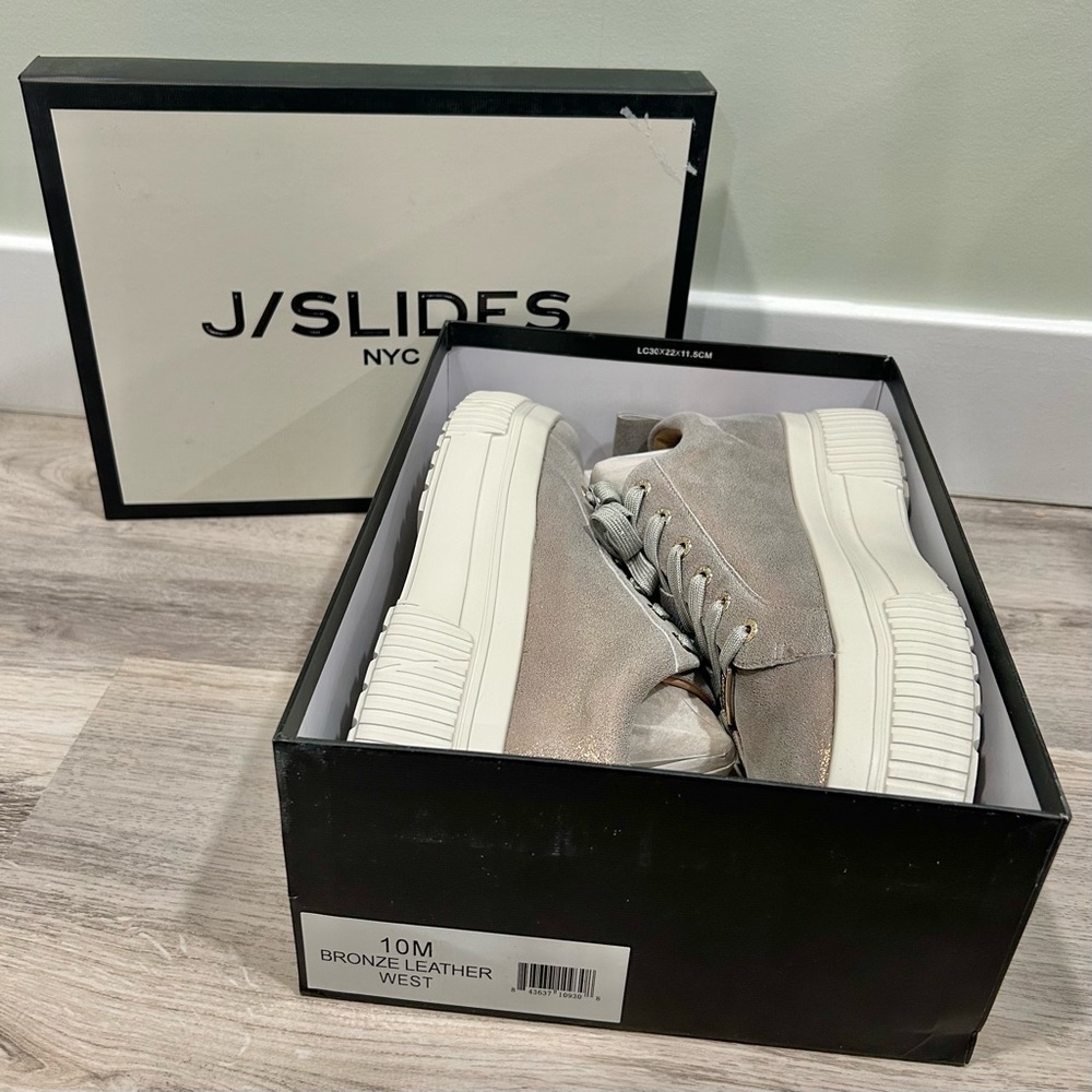NIB J/SLIDES NYC West Bronze Leather Sneaker Shoes White Platform Soles Size 10M